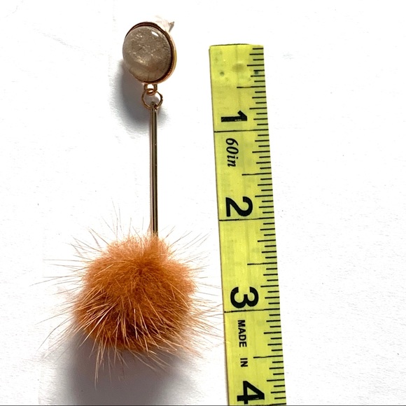 Faux Fur Pom Ball Linear Drop Gold Tone Earrings - Picture 7 of 8